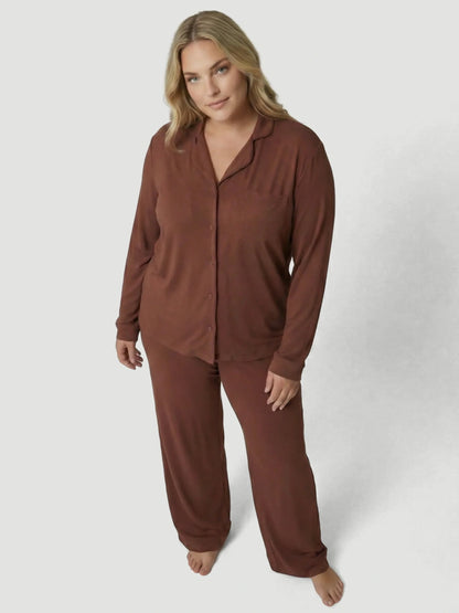 Brown Oversized Jersey Pocket Detail Long PJ Set